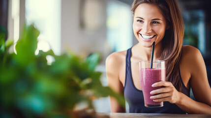 Pretty happy woman drinking pink fruit smoothie. Healthy eating lifestyle concept. portrait of a beautiful young woman enjoying a drink with strawberry, banana and lime after fitness