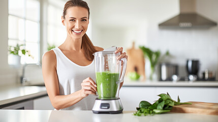 Vegetarian preparing vegan smoothie with arugula, citrus fruits, cucumbers in the kitchen with spinach on the countertop. Detox dieting, raw eating, low calories breakfast, healthy eating recipe - obrazy, fototapety, plakaty
