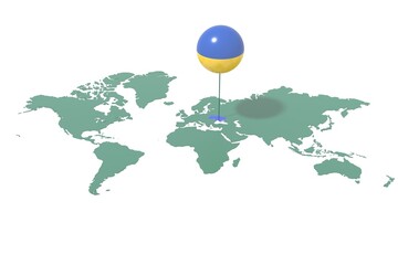 Earth map with the Ukraine nation highlighted and placeholder colored with flag colors. © albasu