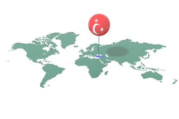 Earth map with the Turkey nation highlighted and placeholder colored with flag colors. © albasu