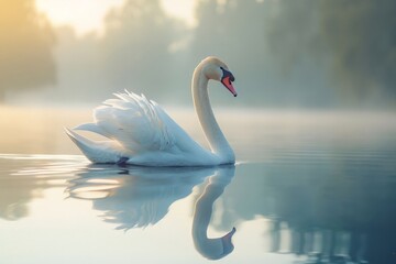 graceful swan gliding on a mirror-like lake at sunrise, the calm water reflecting