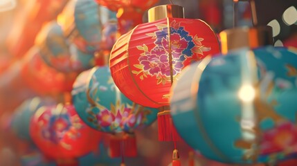 Close up of colorful chinese paper lanterns for new year celebration