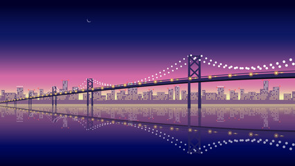 光るライトが連なる海上の長い橋越しに見るベイエリアの夜景イラスト