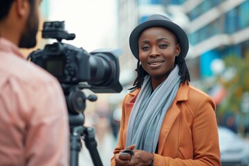 A beaming woman, dressed in a stylish hat and scarf, stands confidently on the bustling street as she prepares to capture the world around her with her camera and join the ranks of a professional jou