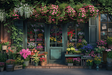 a store front view flower shop. street outdoor. beautiful flower shop front decoration
