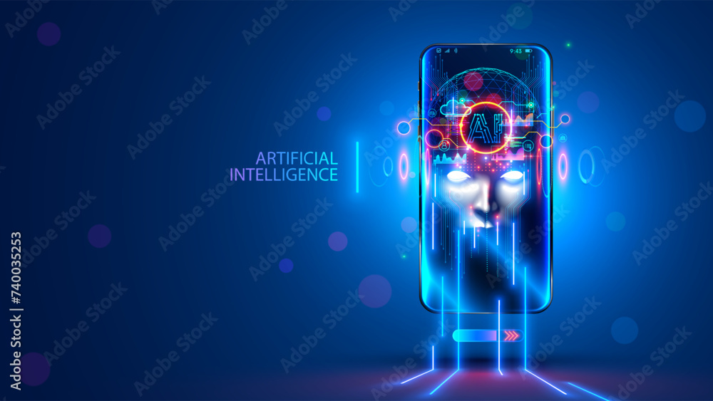 Fototapete AI with scary face on screen phone. Head chat bot with lightning eyes. Bad Artificial Intelligence in image cyborg look at eyes. Malicious AI or computer ransomware virus taken over mobile phone.