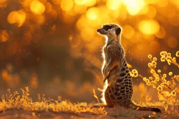 meerkats standing guard, silhouetted against the setting sun