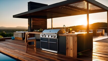 Luxurious Outdoor Kitchen on a Wooden Deck Overlooking a Sunset Landscape - Powered by Adobe