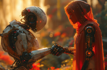 Humanoid robot and person with red hood sharing a moment in a mystical forest setting.