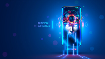 AI with scary face on screen phone. Head chat bot with lightning eyes. Bad Artificial Intelligence in image cyborg look at eyes. Malicious AI or computer ransomware virus taken over mobile phone.