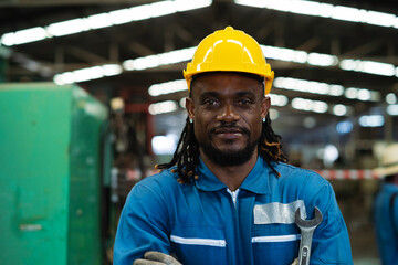 Portrait of a black male mechanical engineer working at a metal lathe factory. Worker working with...