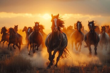 pack of wild horses galloping through a dust cloud in the desert at sunset