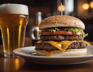 Cheeseburgers and fries with a cold beer on a plate in the restaurant - 740035464