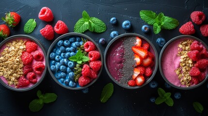 Obraz na płótnie Canvas Colorful Smoothie Bowls: Overhead shot of beautifully arranged smoothie bowls with colorful layers of fresh fruits, seeds, and granola, promoting a healthy lifestyle. 