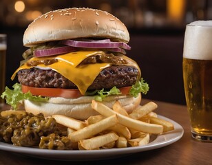Cheeseburgers and fries with a cold beer on a plate in the restaurant - 740035476