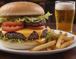 Cheeseburgers and fries with a cold beer on a plate in the restaurant - 740035485