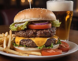 Cheeseburgers and fries with a cold beer on a plate in the restaurant - 740035486