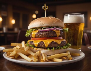 Cheeseburgers and fries with a cold beer on a plate in the restaurant - 740035487