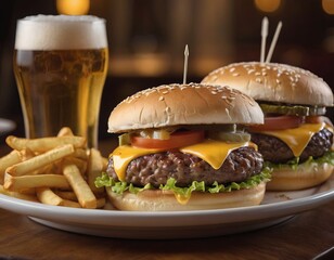 Cheeseburgers and fries with a cold beer on a plate in the restaurant - 740035490