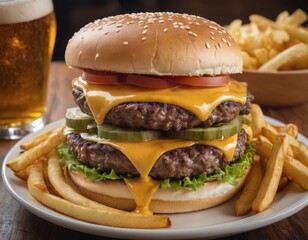 Cheeseburgers and fries with a cold beer on a plate in the restaurant - 740035491