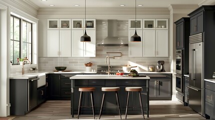 A contemporary kitchen with two toned cabinets, featuring white upper cabinets and dark gray lower...