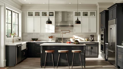 Foto op Plexiglas A contemporary kitchen with two toned cabinets, featuring white upper cabinets and dark gray lower cabinets for a modern contrast © Warda