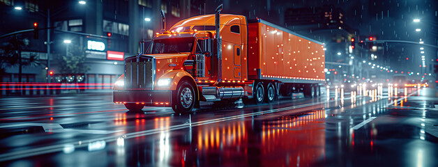 Red truck driving on wet city road at night with vibrant bokeh lights and reflections. - Powered by Adobe