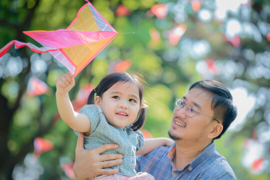 happy daughter plays a kite in the outdoor park with father,