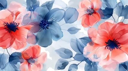 Translucent Coral and Blue Floral Watercolor