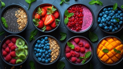Colorful Smoothie Bowls: Overhead shot of beautifully arranged smoothie bowls with colorful layers of fresh fruits, seeds, and granola, promoting a healthy lifestyle. 