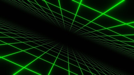 3d retro futuristic green abstract background. Wireframe neon laser swirl grid lines with stars. Retroway synthwave videogame sci-fi. Rave disco music poster, Vintage template	