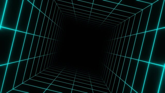 3d abstract green blue turquoise background. Retrowave retro way 80s 90s futuristic disco videogame sci-fi grey laser neon grid surface. Wireframe in dark space. Square tunnel VJ. Animation loop 30fps