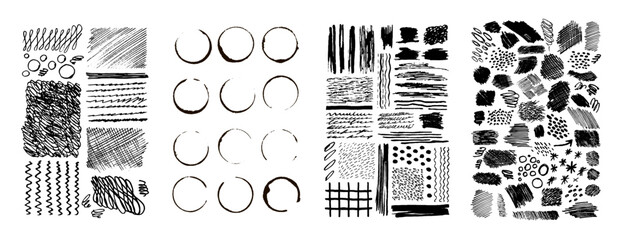 Big collection of vector grunge elements. Hand drawn cross-hatching, scribbles, doodles, lines, smudges, circles, blots, stamps, splatters, brush marks, brush strokes and ink strokes.	
