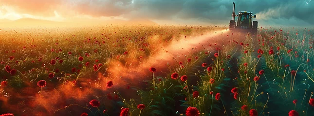 Foto op Aluminium Tractor spraying a field of red poppies at sunset with vibrant colors and dynamic lighting. © Gayan