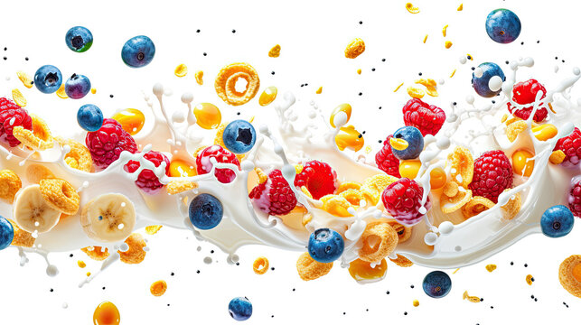 berries cereal milk splash isolated on white background