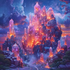 Obraz premium Crystal lattice forming a cityscape with quartz skyscrapers and amethyst parks