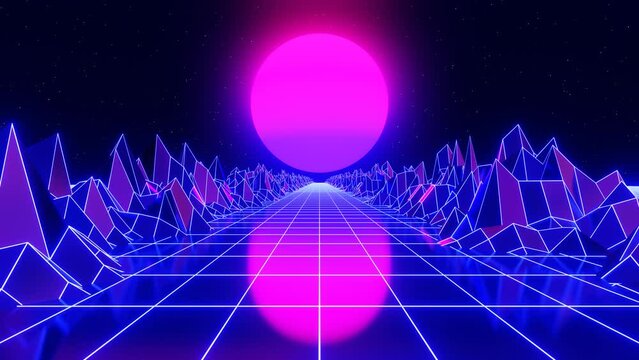 3d blue pink neon sun sphere 80s 90s retrowave sunset grid wireframe road. Retro cyberpunk futuristic background. Glow and shine synthwave 4k y2k. Music party disco template poster Animation 30fps lo	