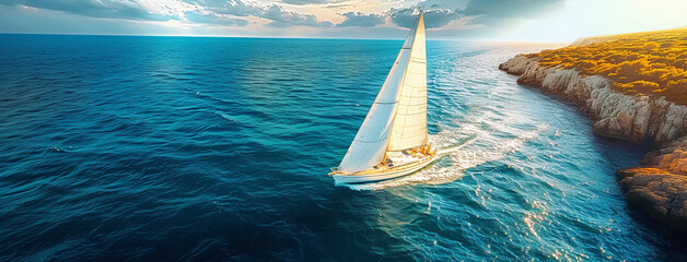 Sailboat cruising near coastal cliffs at sunset, vibrant seascape with golden light and clear skies.