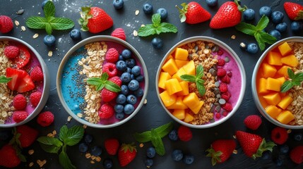 Colorful Smoothie Bowls: Overhead shot of beautifully arranged smoothie bowls with colorful layers of fresh fruits, seeds, and granola, promoting a healthy lifestyle. 