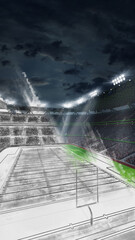 From project to reality. American football stadium with green grass field and blurred fans at...