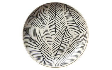 A black and white plate adorned with leaves resting on a surface. Isolated on a Transparent Background PNG.
