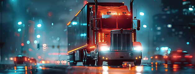 Red semi-truck driving on wet urban road at night with city lights and reflections.