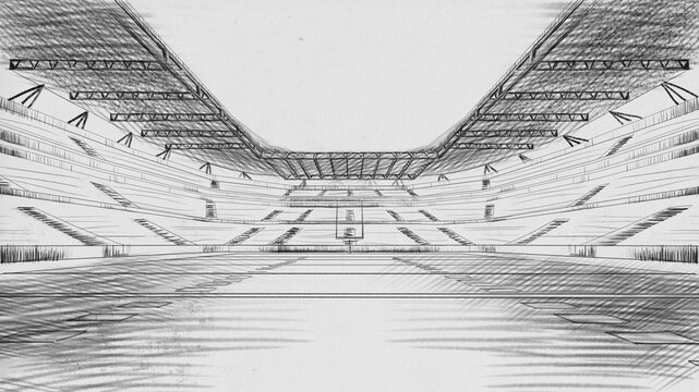 Architectural soccer filed project. Sketch of an empty open air stadium with tribune. Creative sketch design art. - Powered by Adobe