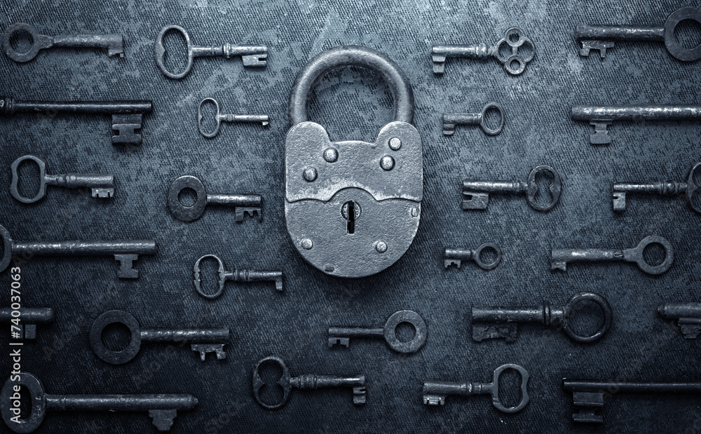 Poster antique door locks and keys on an old background. old padlock and key. set as a symbol of security, 