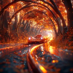 Driver in a high speed rail runner zipping through a tunnel of trees in an enchanted forest leaves swirling