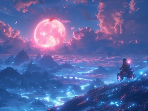 Driver in a luminescent orb vehicle floating above a bioluminescent alien landscape under a triple moon sky