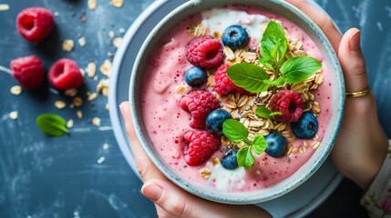 Female hands holding a pink raspberry smoothie bowl with blueberries and muesli on a dark background. Top view, copy space. Vegan super food concept. Healthy dairy breakfast for dieting and detox - obrazy, fototapety, plakaty
