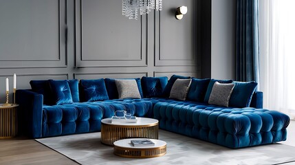 a guest room with a velvet sectional sofa in jewel tones, creating a luxurious and inviting atmosphere