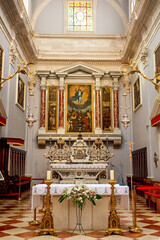 Interior of the Venetian school church with paintings on stone. Travel to Europe