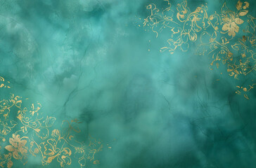 Emerald abstract floral background with natural grunge textures. Frame with gold pattern with place...